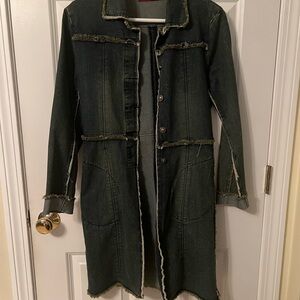 Younique jeans denim duster trench style long jacket/ distressed frayed style